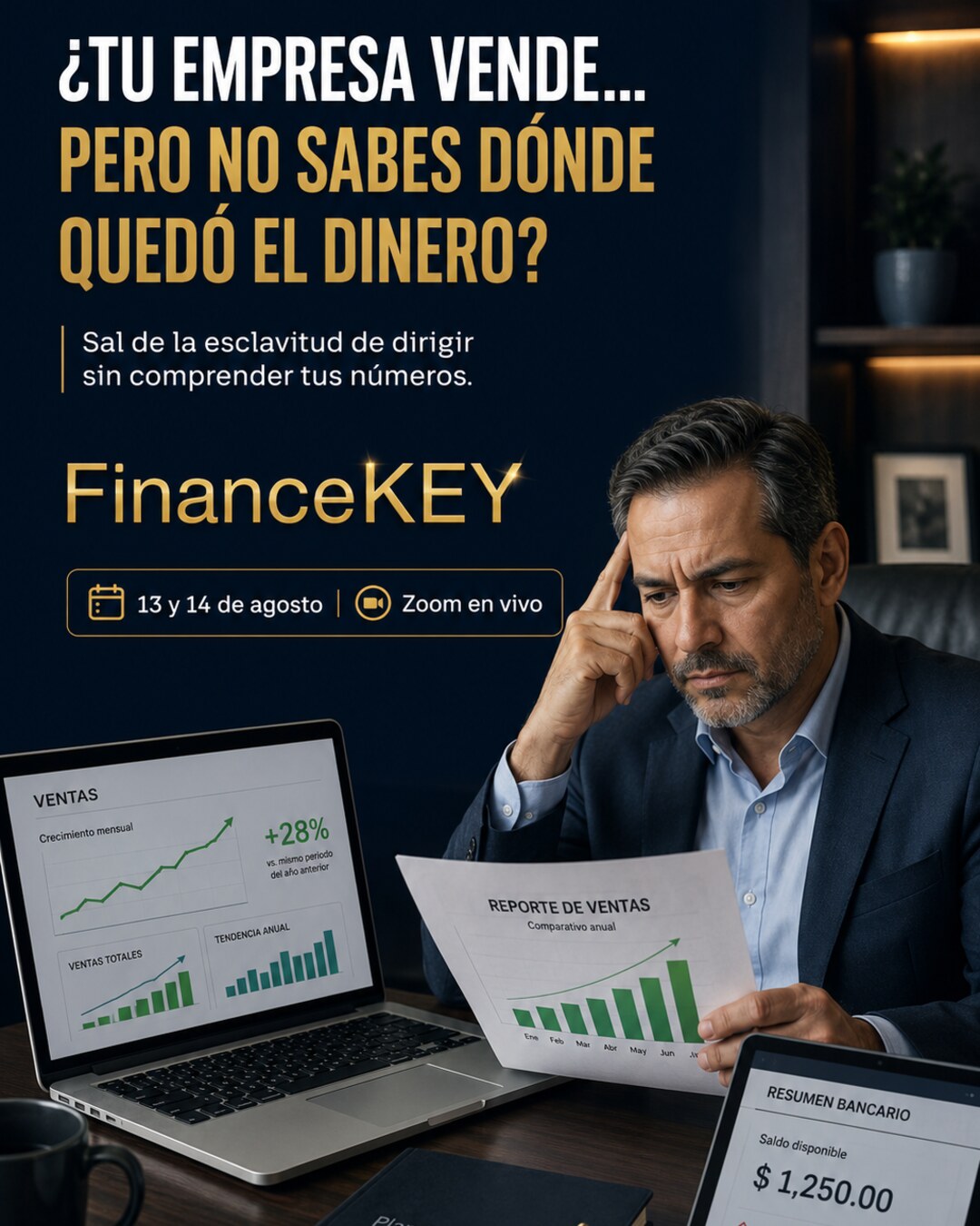 Empresario analizando ventas, reportes y saldo bancario