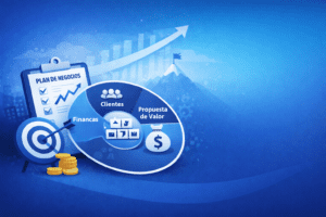 Planeación empresarial con modelo de negocios, estrategia, finanzas, clientes y crecimiento sostenible