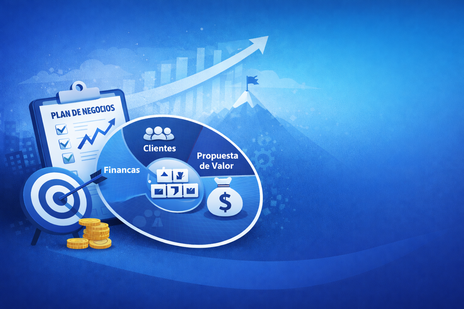 Planeación empresarial con modelo de negocios, estrategia, finanzas, clientes y crecimiento sostenible